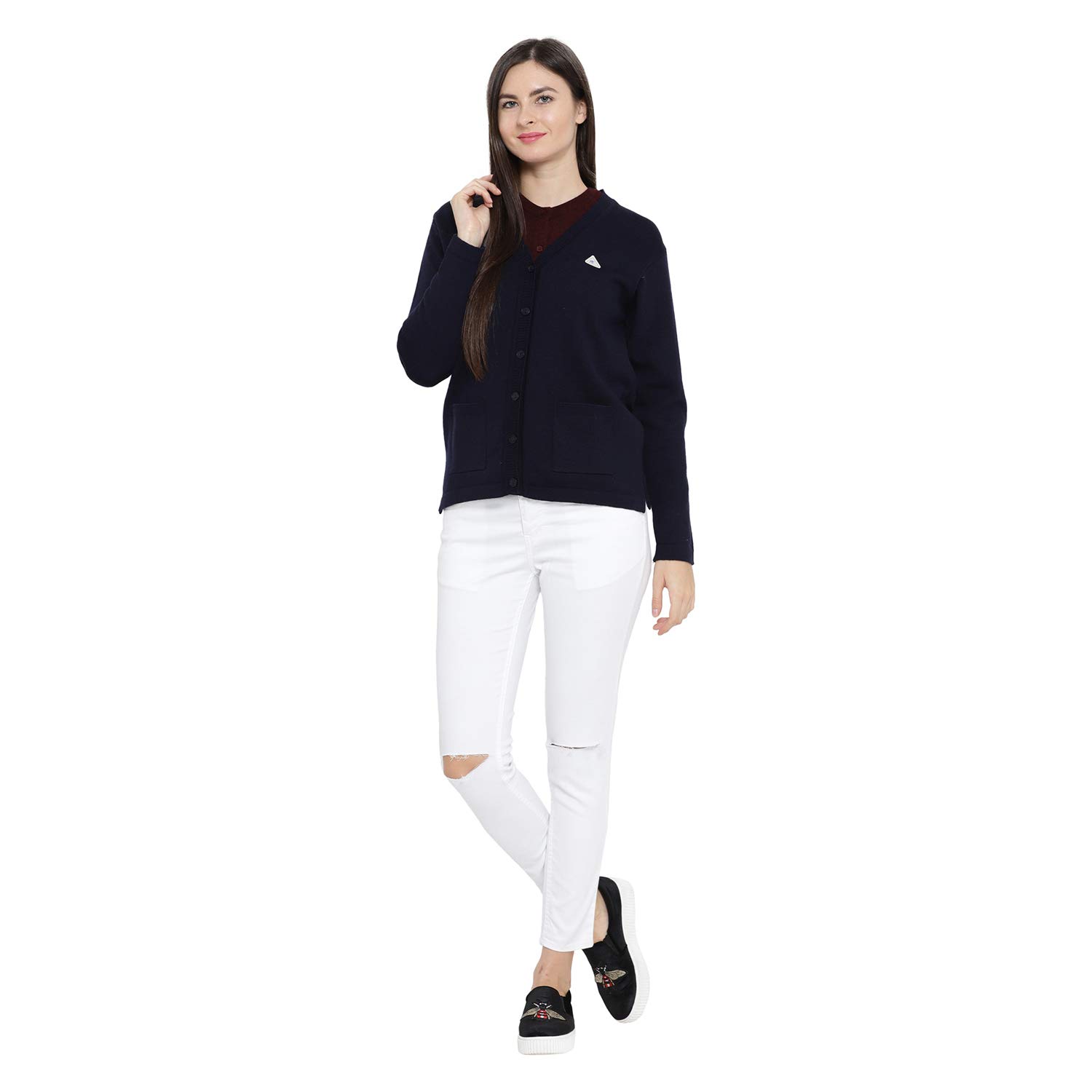 monte carlo navy solid pure wool v neck cardigan