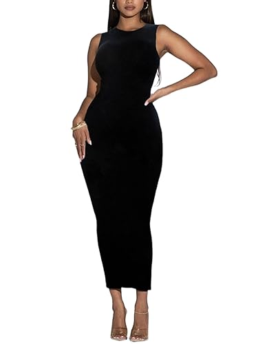 Women's Summer Long Bodycon Dress - Casual Basic Club Party Sleeveless Tank  Sheath Dresses Black L in Saudi Arabia