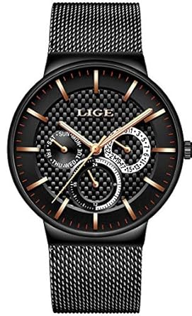 LIGE Luxury Brand Japanese Quartz Chronograph Stainless Steel Mesh Waterproof Wristwatch Fashion Business Casual Watches for Men LIGE 9836 - Black