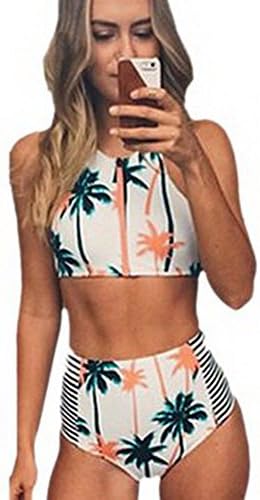 ochanel Women's Coconut Tree Print High Waist Bikini Set Bathing Suit White XL