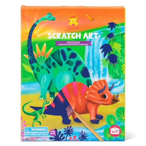 Tiger Tribe Scratch Art Dinosaurs - Vibrant Creative Kit with 8 Stunning Jurassic Designs & Tools for Kids Ages 5 and Up - Mess-Free Artistic Fun