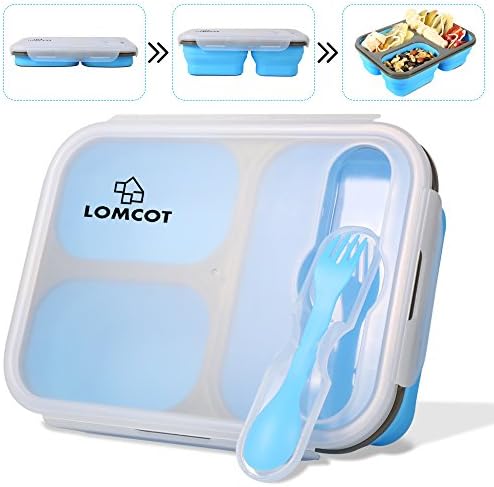 Bento Lunch Box, LOMCOT Leakproof 3 Compartment Bento Box Collapsible Eco Durable BPA Free Meal Prep Containers Lunch Box with Spork for Adults, Kids (Blue)