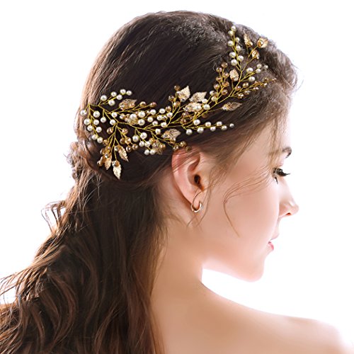 Yean Gold Wedding Headband Leaf Rhinestones Tiara Bridal Hair Vine Wreath