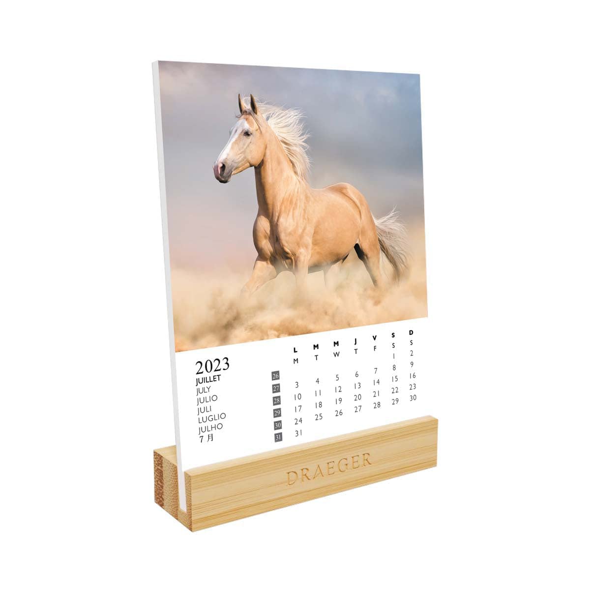 DRAEGER PARIS | Calendar on Stand Horses 2023 | 12 x 16.5 cm | Year 2023 | 7 Languages | Monthly Desk Decoration Calendar | Bamboo Base | FSC® Certified Paper | Vegetable Inks