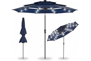 GarveeLife 10ft Patio Umbrella with 24 Solar LED Lights, 3-Tier Vented Canopy, Easy Crank & Tilt, Outdoor Market Umbrella for
