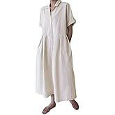 chouyatou Women's Cotton Striped Shirt Dress Button Up Short Sleeve Midi Long Shift Dress with Pockets