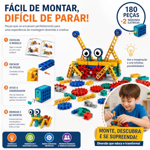 Blocos de Construção Eletrônico STEM – Kit de Engenharia Educacional com Motor, Engrenagens e Modelos Mecânicos | Brinquedo Educativo de Ciência e Robótica para Crianças 3+ Anos (180 Peças)