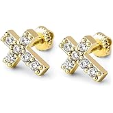 Hip Hop Yellow Gold 925 Sterling Silver Small Mens Women's Prong Set Iced 5A Cz Hypoallergenic Ice Out Cubic Zirconia Cross Screw Back Stud Earrings
