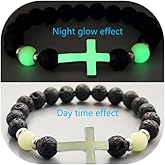 LXSSLY 8mm Natural Volcanic Stone Bracelets for Men,Luminous Cross Bracelets,Healing Crystal Elastic Stretch Beads Bracelet,Religion Holy Communion Bracelet for Women