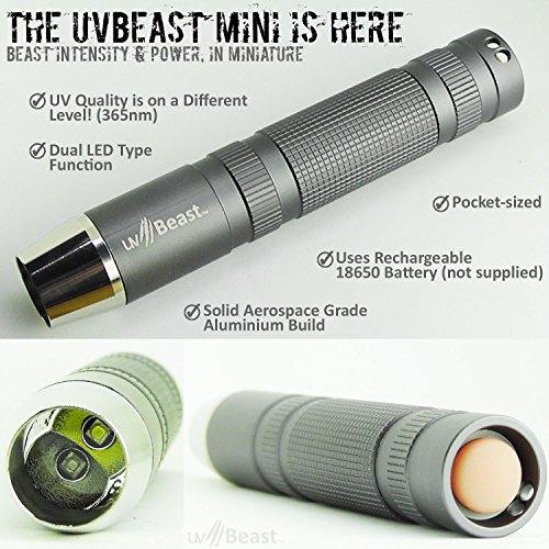 uvBeast MINI 365nm UV Flashlight Black light HIGH POWER PROFESSIONAL 5w Dual LED - 18650 Rechargeable Battery (Not Supplied) â€“ Works Even in Ambient Light â€“ Registered Design
