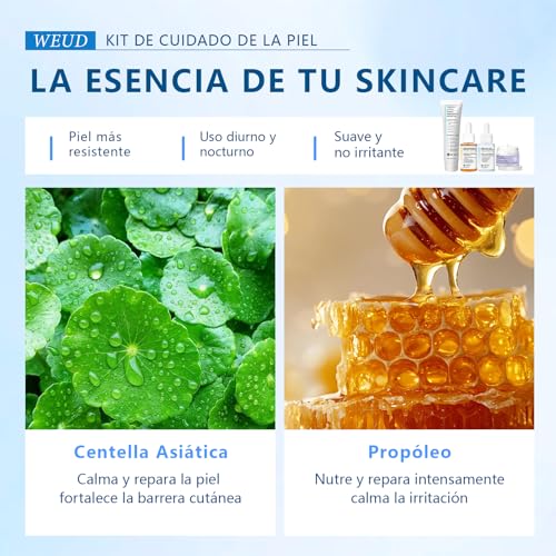 WEUD Skin Care Coreano 4 En 1 Kit, con 1 Crema Hidratante Niacinamida + 1 Crema para Cuello + 1 Serum Centella Asiatica + 1 Serum Péptidos Propóleo, Hidrata, Ilumina, Reduce Líneas Finas y Marcas de Acné