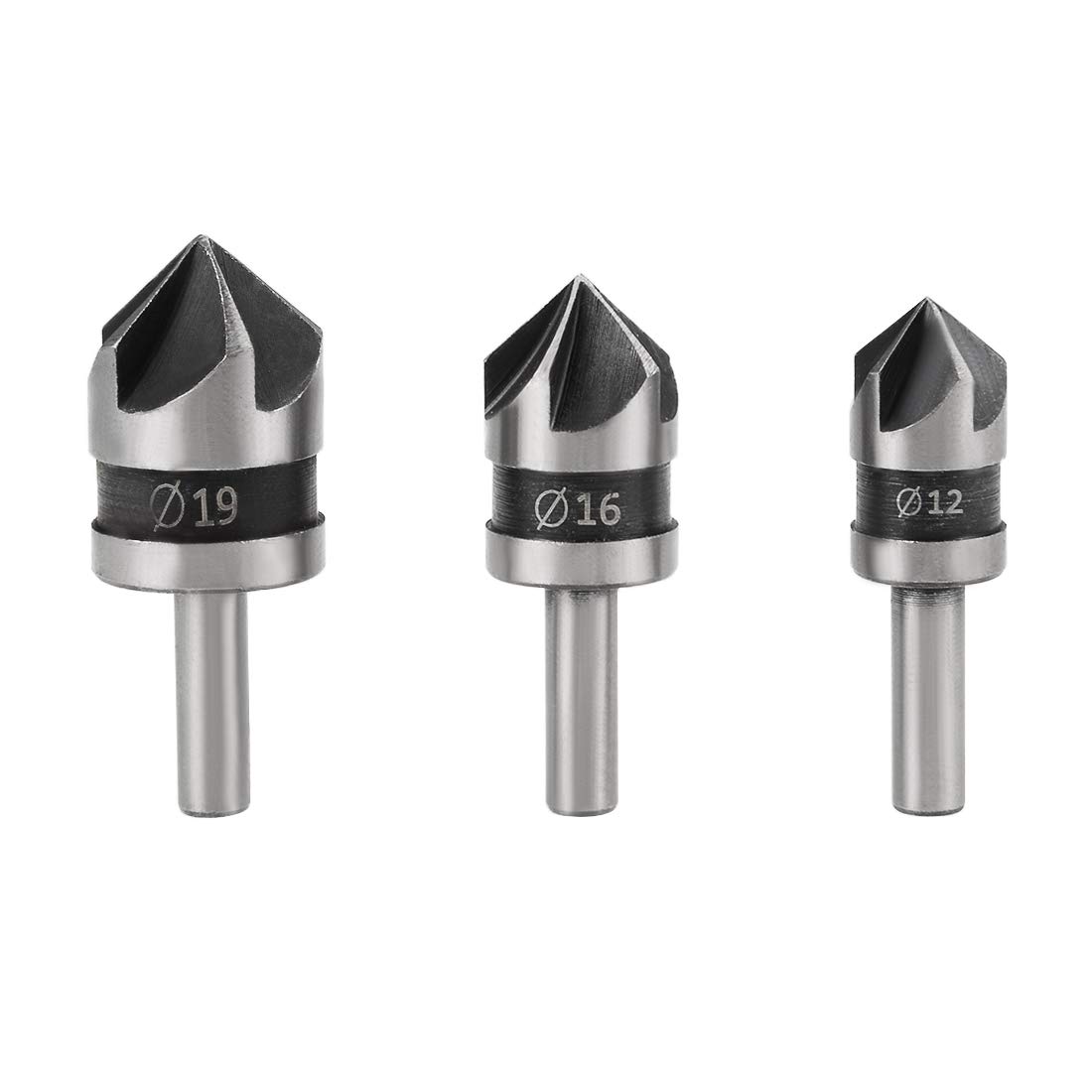 sourcing map Countersink Drill Bit Set 12mm 16mm 19mm Dia Round Shank 90 Degree 5 Flute Chamfer Tool for Woodworking Carbon Steel 3pcs