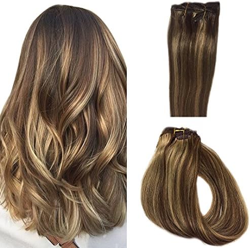 PoleStar 70 Gram Clip in Hair Human Hair Extensions 7 Pieces Silky Straight Weft Remy Virgin Hair 18 Inches, 2Colors, #4-27