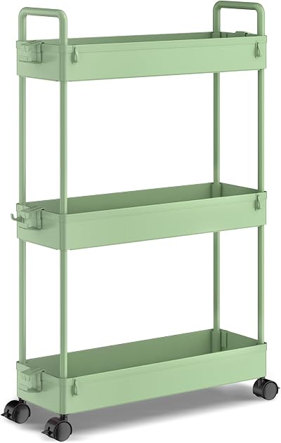 SOLEJAZZ 3-Tier Storage Trolley Cart Slim Rolling Utility Cart Green