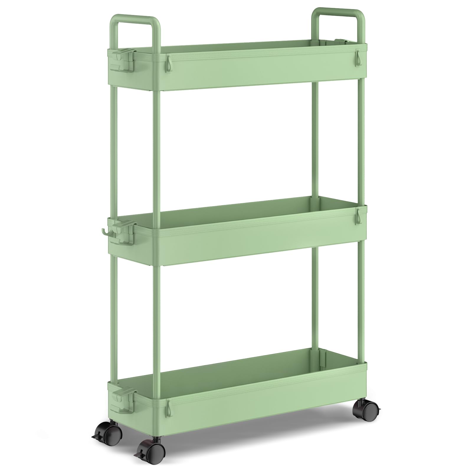 SOLEJAZZ 3-Tier Storage Trolley Cart Slide-out Slim Rolling Utility Cart Mobile Storage Shelving Organizer for Kitchen, Bathroom, Laundry Room, Bedroom, Narrow Places, Plastic, Green