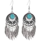 Boho Turquoise Feather Tassel Crescent Moon Dangle Earrings - Hypoallergenic, Leaf Bohemian Drop Earrings for Women