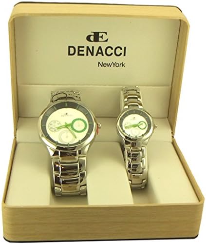 DENACCI - His &amp; Her Dress style Watch Gift Set silver tone and green accents - 6