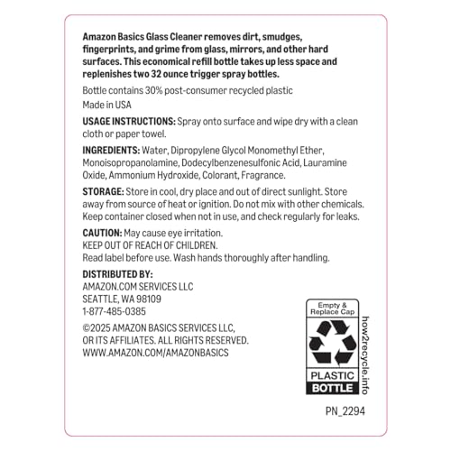 AMAZON BASICS GLASS CLEANER REFILL 67.6 FL OZ, PACK OF 1