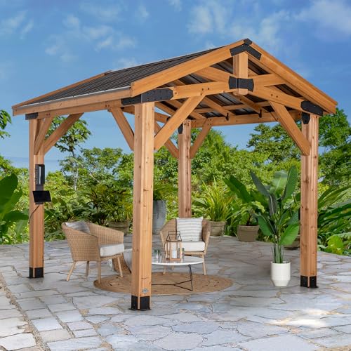 Backyard Discovery Norwood 10' x 10' Cedar Wood Outdoor Gazebo Pavilion with Hardtop Galvanized Steel Peak Roof, Snow Support, Wind Resistance, PowerPort, Shade for Garden, Patio, Deck, Entertaining image 19