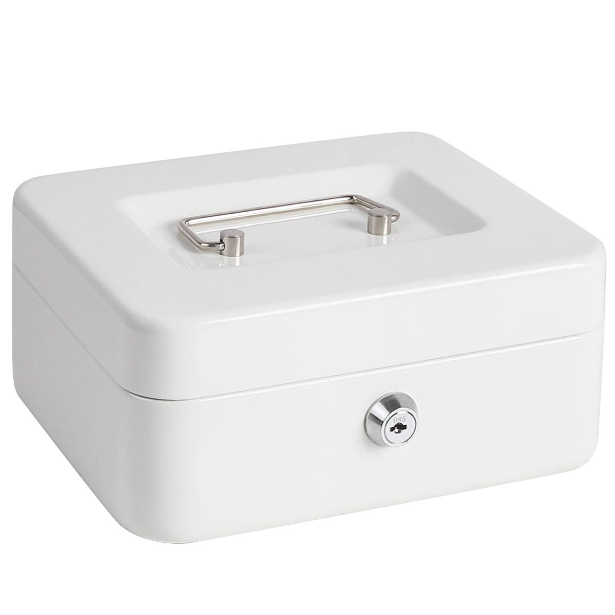 Cash Box with Money Tray, Metal Locking Money Box with Key Lock for Security, 7 4/5" x 6 4/5" x 3 3/5", White