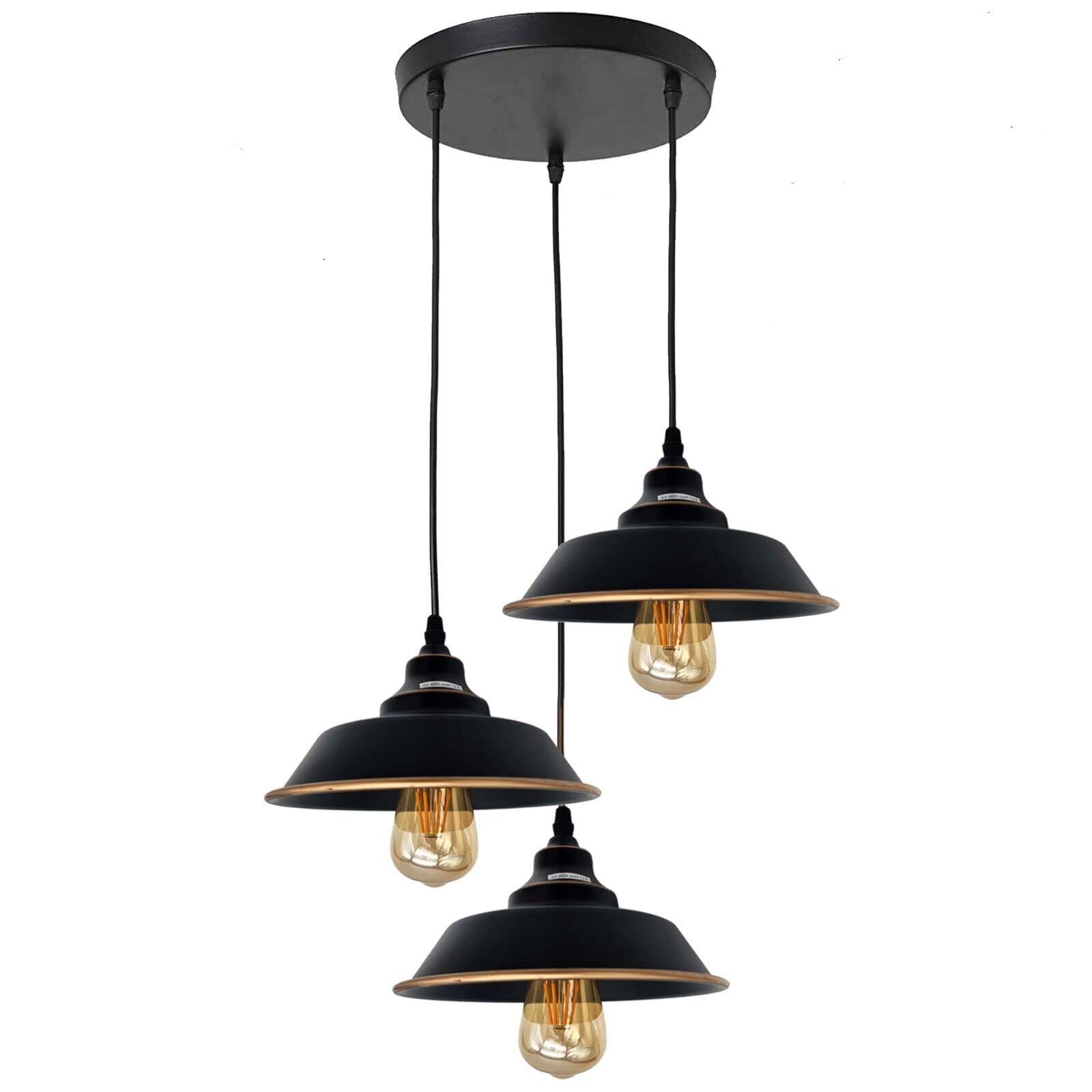 LEDSone 3 Head Pendant Light, E27 Black Gold Line Metal Hanging Lights, Industrial Ceiling Lights for Kitchen Bedroom Living Dining Room