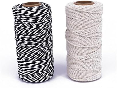 TIAMALL 2 Rolls 300 Feet Cotton Twine Craft Cord Packing String Rope for DIY Arts Crafts Projects(Black+Beige)