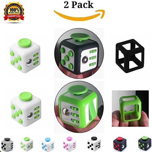 Fiddle EXCLUSIVE 2 Pc SET Fidget Cube w/ Protective Prism Cases PLUS BONUS "Fidgeters Cheatsheet" PROVEN For Stress Anxiety Focus ADHD Autism Adults Kids Students Class Office