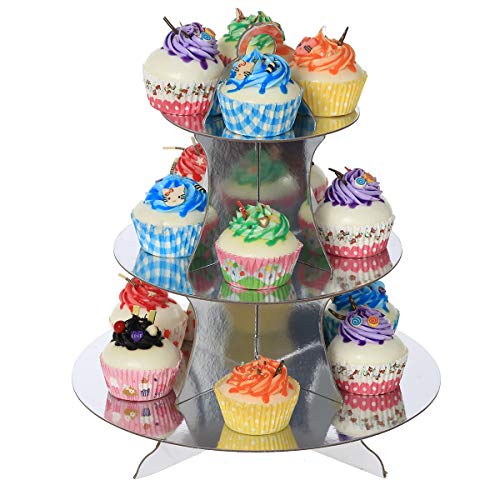 UltraOutlet Set of Three 3 Tiers Silver Cardboard Cupcake Stands, Disposable Paper Cupcake Holder Towers for Weddings, Birthday Parties, Baby Showers and Graduations