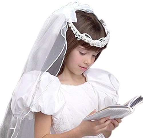 Girls White Tulle First Communion or Flower Girl Veil with Beaded Crown and Bow, 21 Inches