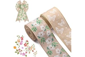 2 Rolls 2.5" × 5 Yd Spring Magnolia Butterfly Wired Edge Ribbon Spring Flower Burlap Ribbons Lace Butterfly Ribbon Flaxen for