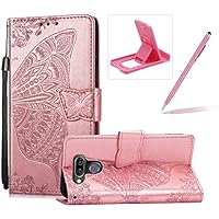 Strap Leather Case for LG K50,Wallet Cover for LG K50,Herzzer Classic 3D Rose Gold Butterfly Flower Print Relief Magnetic Stand Case with Soft TPU