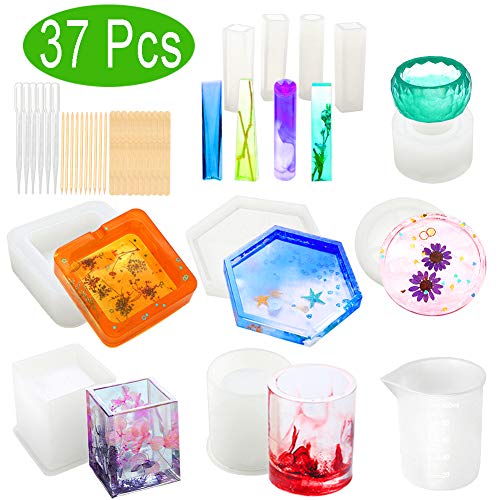 Resin Molds, WEST BAY 37Pcs Silicone Molds for Resin Epoxy Resin Casting Art Molds for DIY Cup Pen Soap Candle Holder Ashtray Flower Pot Coaster Pendant Cylinder Cuboid Hexagon Round Molds Test Mixer