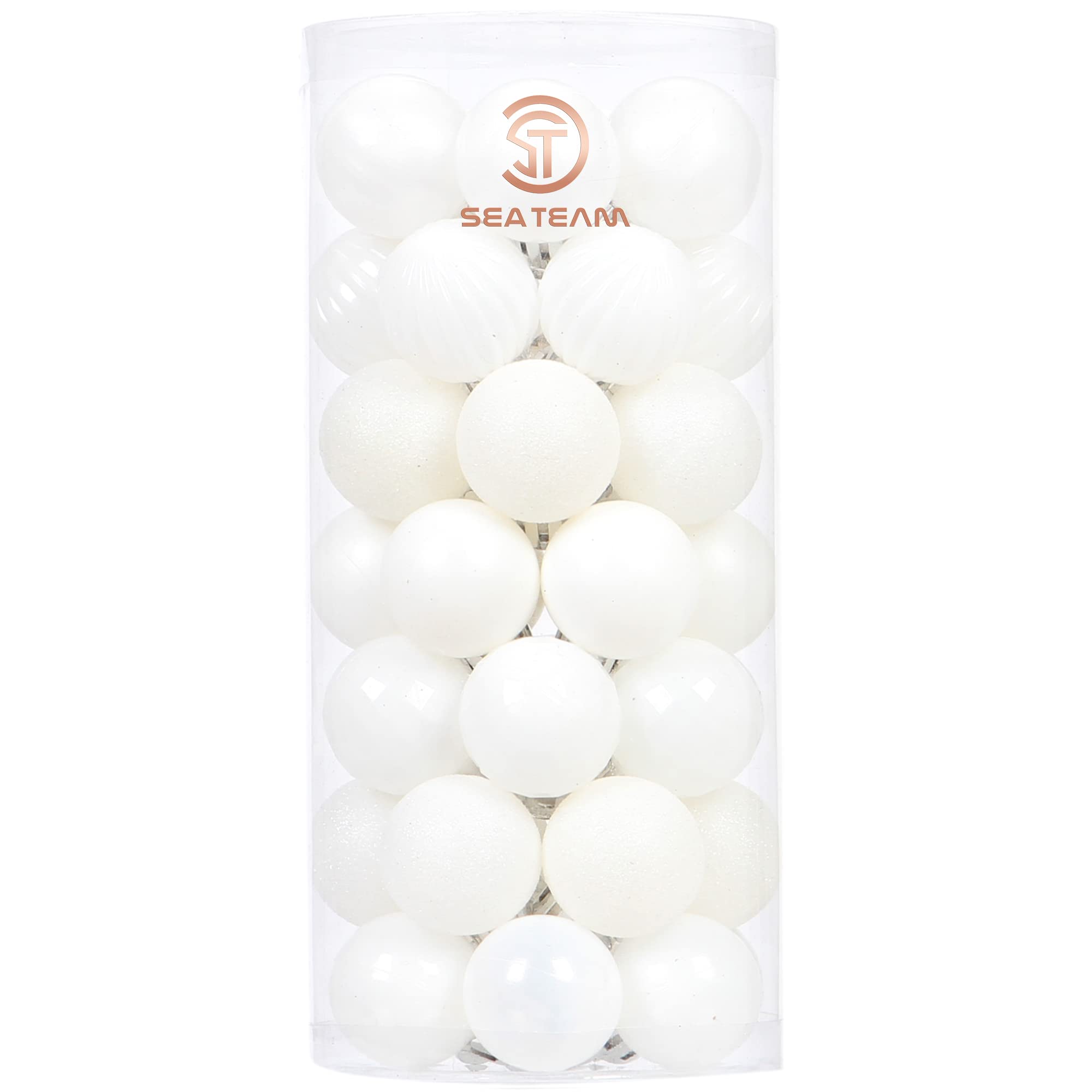 Sea Team 46-Pack Christmas Ball Ornaments with Strings, 30mm/1.18" Mini Size Baubles, Shatterproof Plastic Christmas Bulbs, Hanging Decorations for Xmas Tree, Holiday, Wedding, Party, White