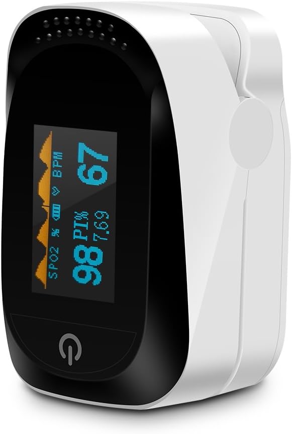 Finger Pulse Oximeter Heart Rate Monitors Fingertip Hylogy Blood Oxygen Saturation with Lanyard, Automatic Shutdown, Adjustable OLED Display, One Button Operation for Family Health Care