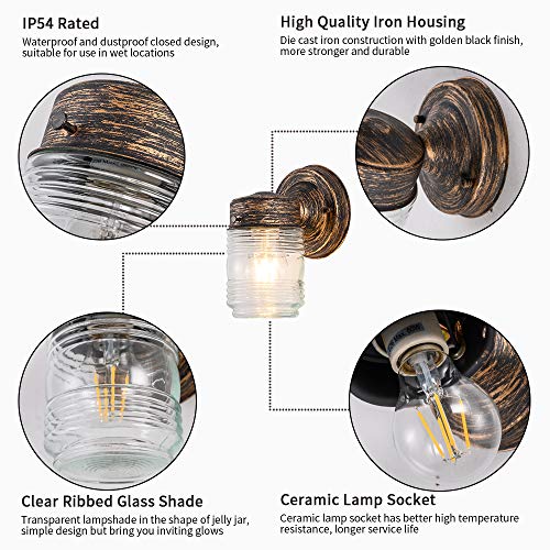 RUNNY Porch Wall Light Jelly Jar 1 Light Indoor/Outdoor Wall Light with Clear Ribbed Glass for Entryway Porch Patio, Black Gold Copper
