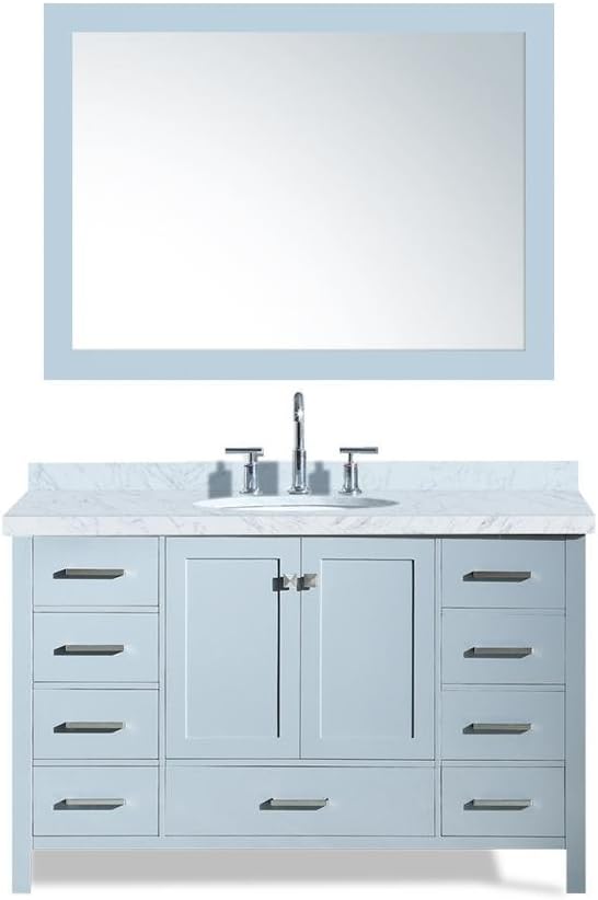 DKB Beckford Series 55" Inch Single Oval Sink Bathroom Vanity Set in Grey | Carrara White Marble Countertop | 2 Soft Closing Doors | 9 Full Extension Dovetail Drawers | Matching Framed Mirror