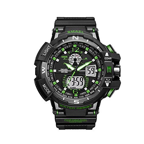 Waterproof Sport Watch for Men Shockproof Multifunctional Women Sport Wrist Watch LED Luminescence Electronic Quartz Movement Military Digital Watch for Boys, Black and Green