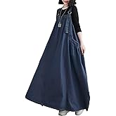EXPOING Denim Jumper Dress for Women Loose Version Baggy Style Maxi Length Adjustable Straps Wide Hemline