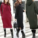 Celmia Women Hooded Long Sleeve Drawstring Split Pockets Solid Sweatshirt Casual Long Dress