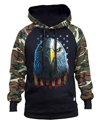 Men's American Eagle Stare Black/Camo Raglan Baseball Hoodie Large