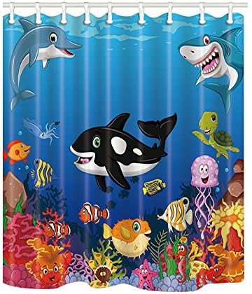 KOTOM Ocean Animal Cartoon Whale with Sea Life Swimming in Coral Shower Curtain, Polyester Fabric Bathroom Curtain Set with Hooks,Bathroom Accessory Sets 69x70 inches Long