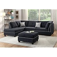 Poundex F6974 Bobkona Viola Linen-Like Polyfabric Left or Right Hand Chaise Sectional Set with Ottoman (Pack of 3), Black