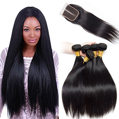 Ali Moda Malaysian Virgin Hair with Closure Unprocessed Human Hair Straight 3 bundles with Lace Closure Middle Part Natural Color 18