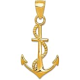 JewelryWeb 14k Yellow Gold Textured Polished Nautical Ship Mariner Anchor With Rope Pendant Necklace 25.9mm long Pendant for Women