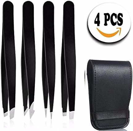 4-Piece Tweezer Set with Case, Precision Tweezers - Slant, Pointed, Curved &amp; Flat Tips for Eyebrow &amp; Ingrown Hair Removal, Splinter &amp; Tick Surgical Removal