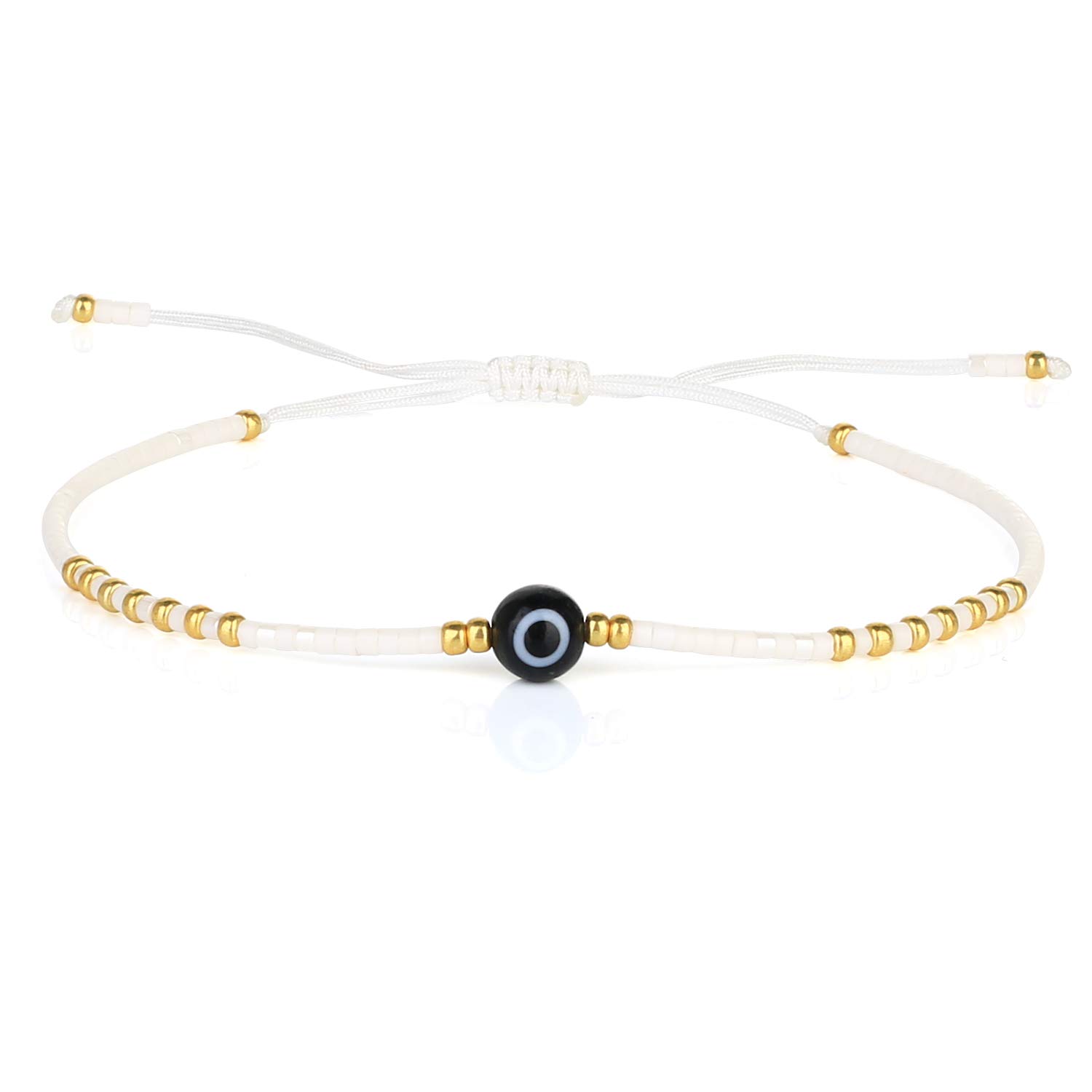 KELITCH Evil Eye Seed Beaded Bracelets Handmade Friendship Strands Bracelets Adjustable Charm Bangles (Beige 01A)