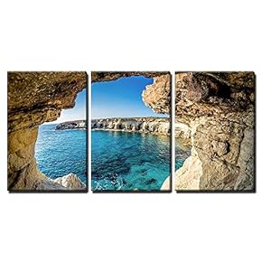 3 Piece Canvas Wall Art - Sea Caves Near Ayia Napa, Cyprus. - Modern Home Art Stretched and Framed Ready to Hang - 16"x24"x3 Panels