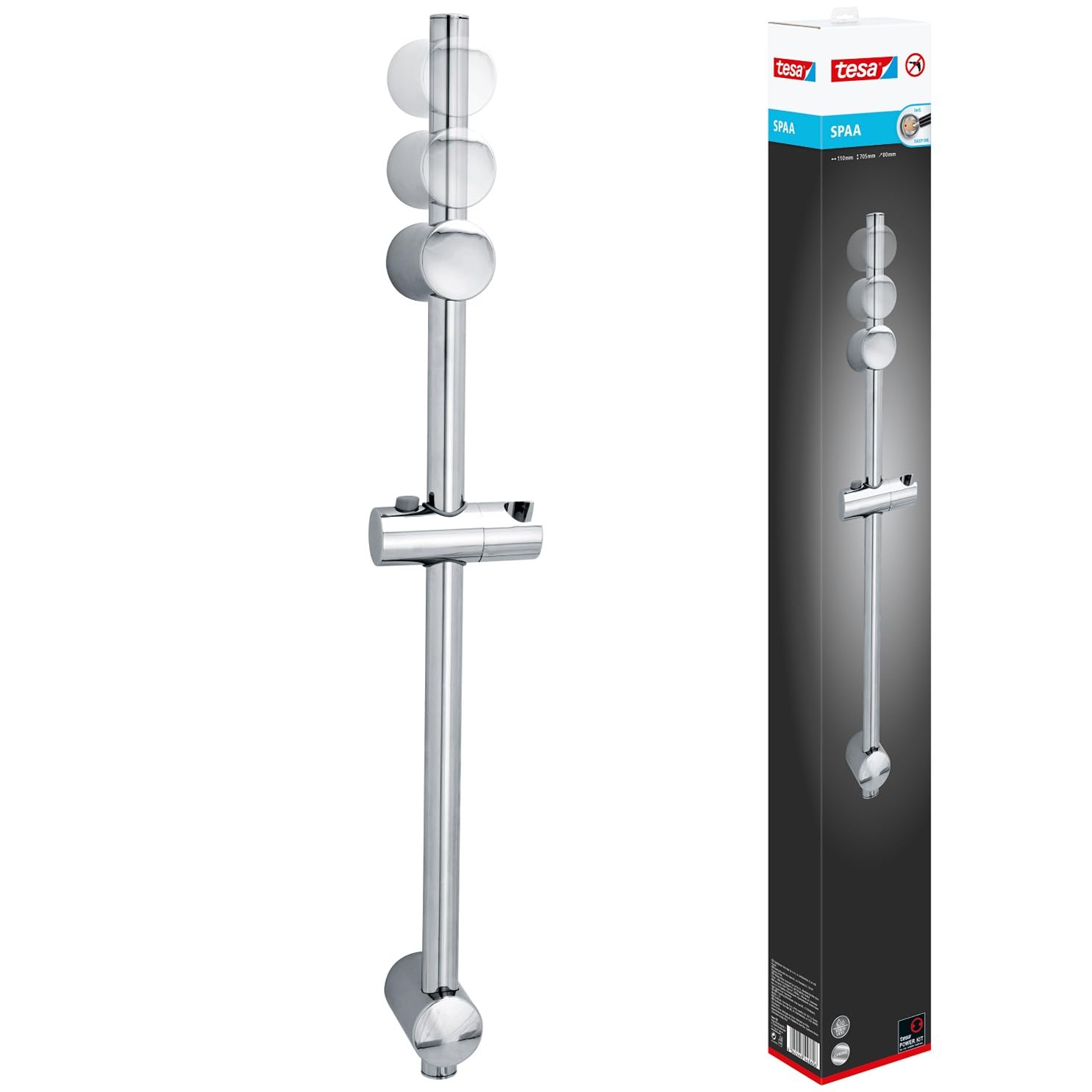tesa UK Spaa shower rail, chromed metal & plastic elements, self-adhesive, adhesive mounting technology, 705mm, Clear