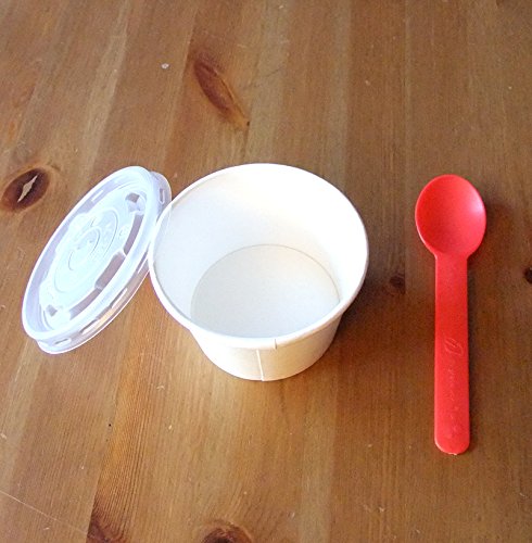 [ 48 ct ] White Soup/Ice Cream Container Cup (8 oz) with Flat Lid Set (Bonus Cooking Chopsticks) (with Bio-Based Spoons (Tomato Red)) - Thumbnail 4