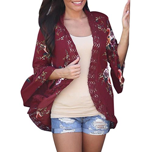 Matoen® Women Lace Floral Open Cape Casual Coat Loose Chiffon Blouse Kimono Jacket Cardigan (Wine Red, L) - Thumbnail 2